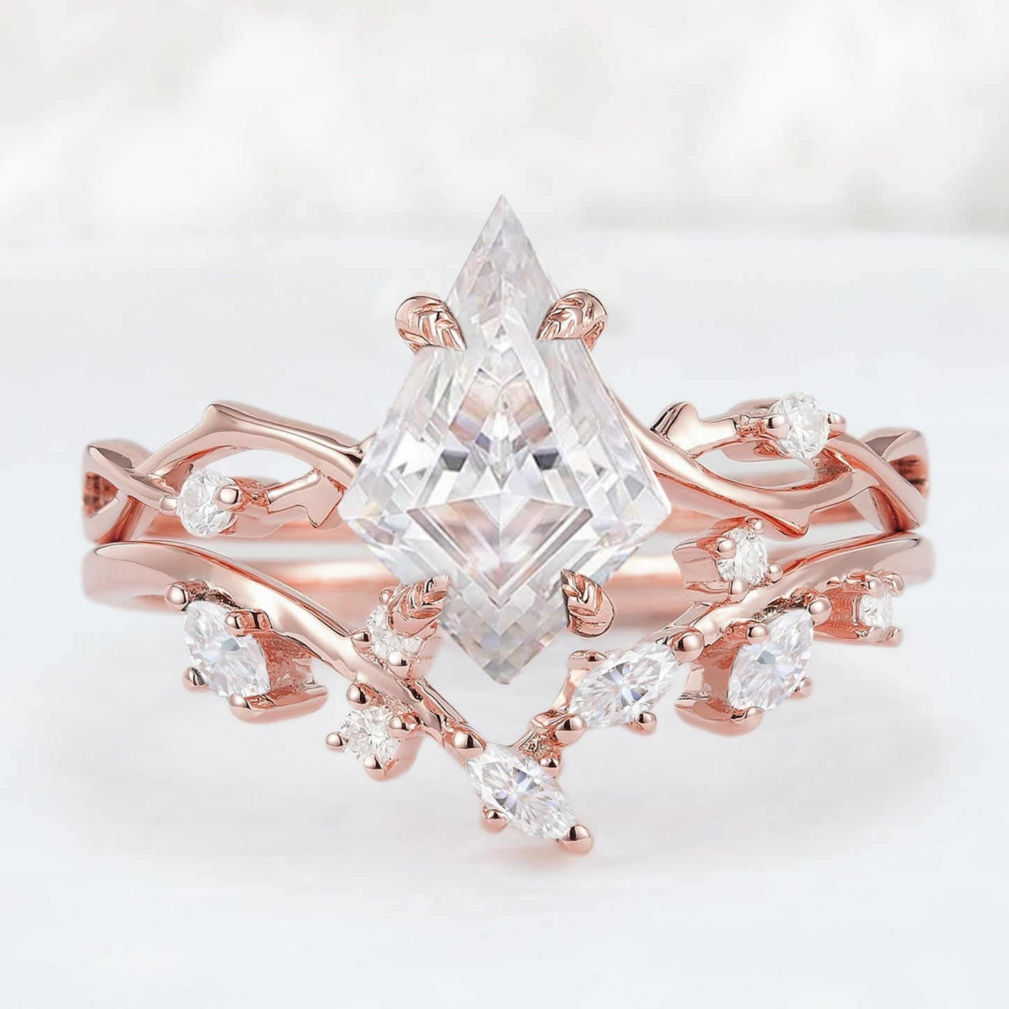 Nature Kite Cut Moissanite Leaf and Vine Gemstone Ring Set 2pcs