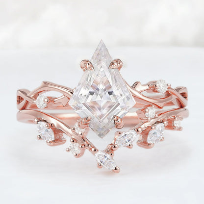 Nature Kite Cut Moissanite Leaf and Vine Gemstone Ring Set 2pcs