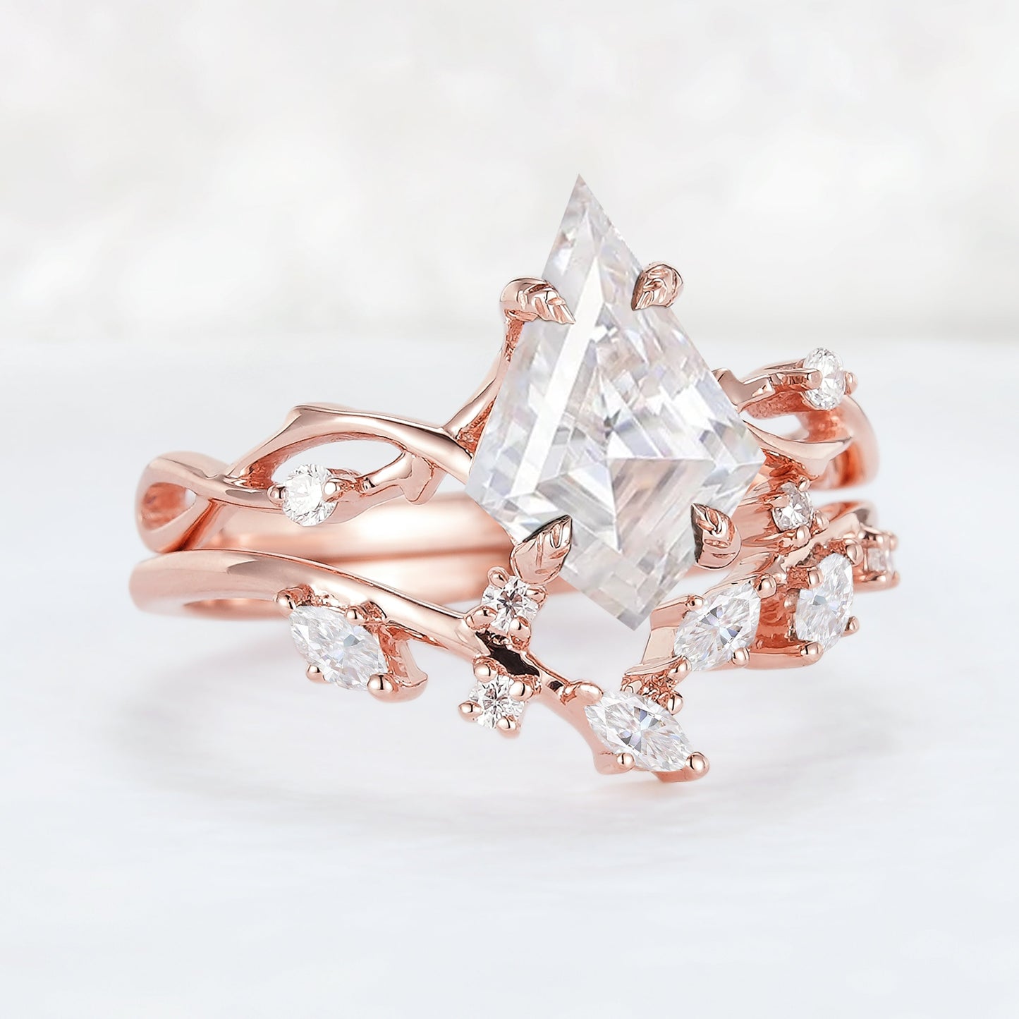 Nature Kite Cut Moissanite Leaf and Vine Gemstone Ring Set 2pcs