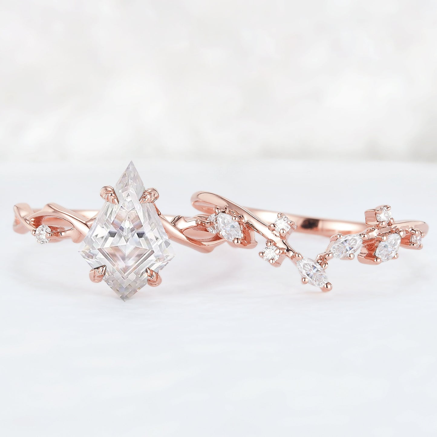 Nature Kite Cut Moissanite Leaf and Vine Gemstone Ring Set 2pcs