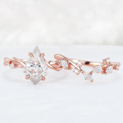 Nature Kite Cut Moissanite Leaf and Vine Gemstone Ring Set 2pcs