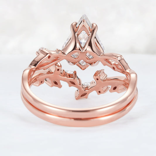 Nature Kite Cut Moissanite Leaf and Vine Gemstone Ring Set 2pcs