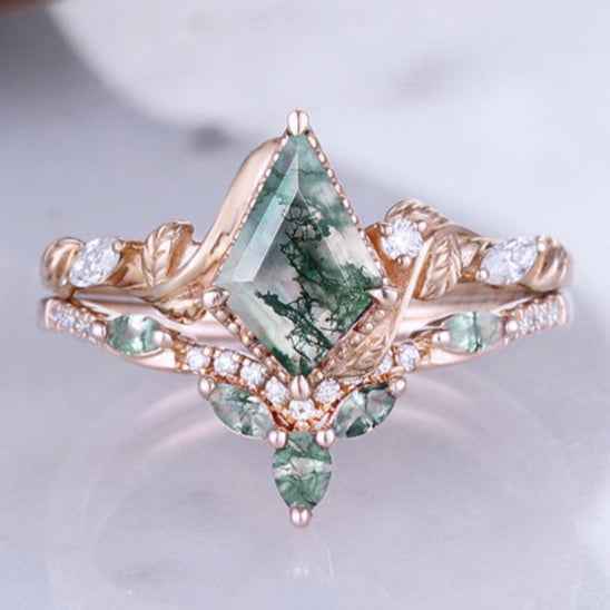 Nature Kite Cut Moss Agate Leaf Twisted Ring Set 2pcs