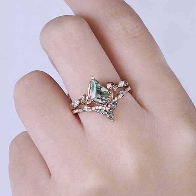 Nature Kite Cut Moss Agate Leaf Twisted Ring Set 2pcs