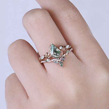 Nature Kite Cut Moss Agate Leaf Twisted Ring Set 2pcs