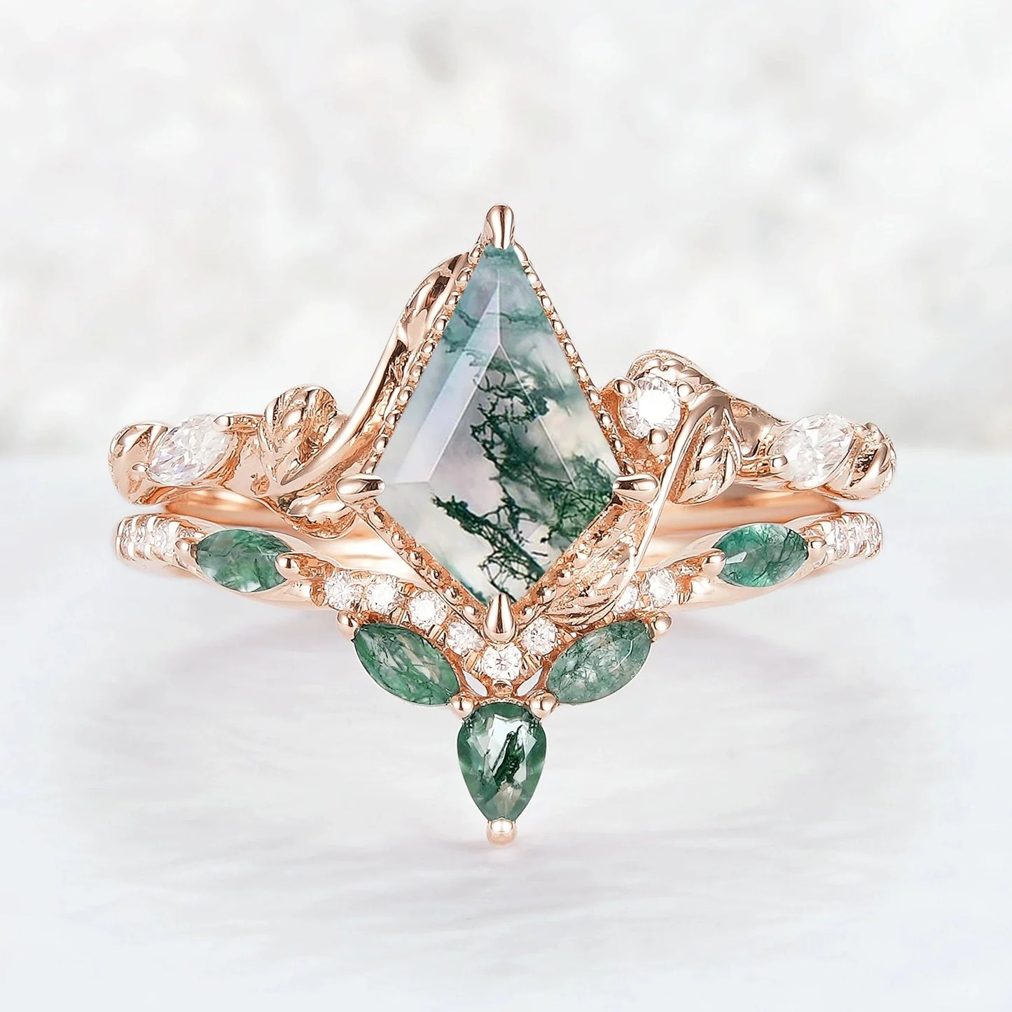 Nature Kite Cut Moss Agate Leaf Twisted Ring Set 2pcs