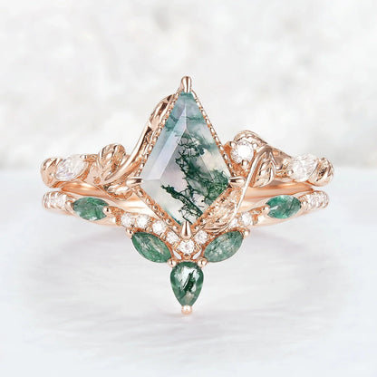 Nature Kite Cut Moss Agate Leaf Twisted Ring Set 2pcs