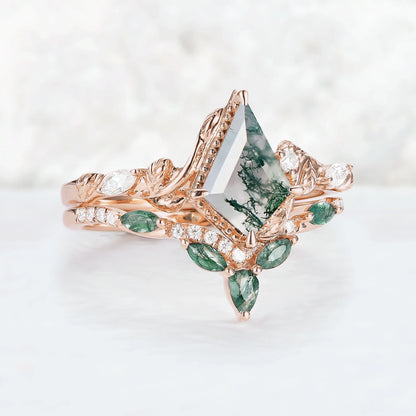 Nature Kite Cut Moss Agate Leaf Twisted Ring Set 2pcs