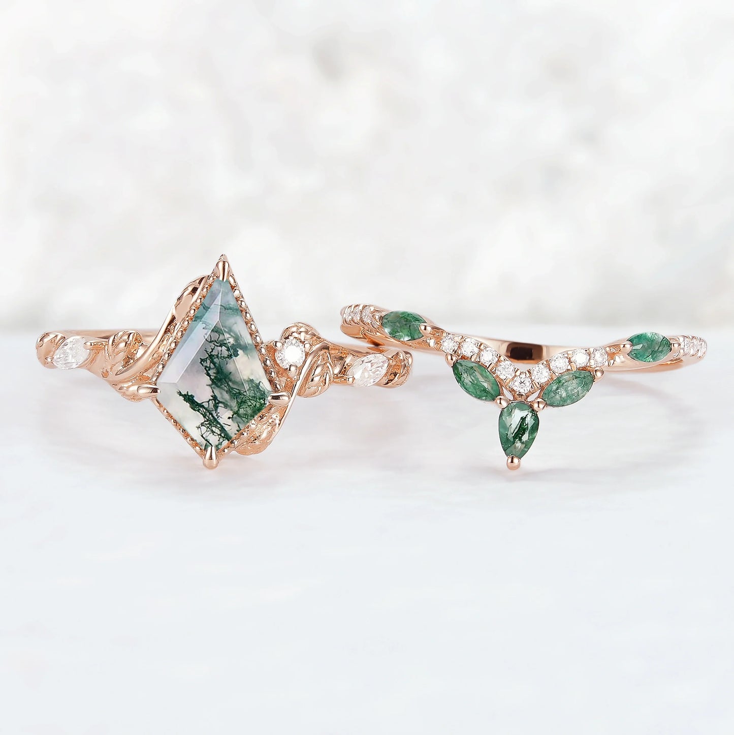 Nature Kite Cut Moss Agate Leaf Twisted Ring Set 2pcs
