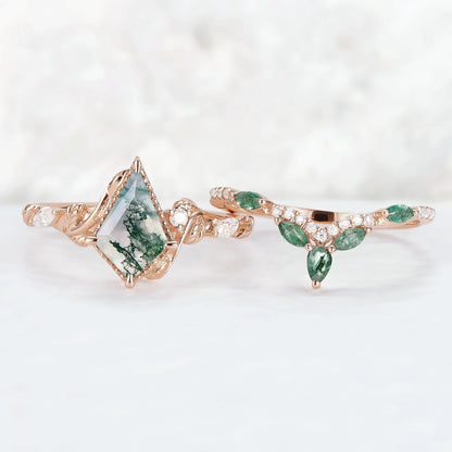 Nature Kite Cut Moss Agate Leaf Twisted Ring Set 2pcs