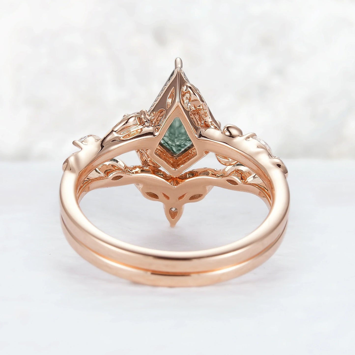 Nature Kite Cut Moss Agate Leaf Twisted Ring Set 2pcs