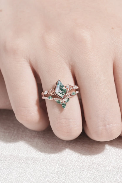 Nature Kite Cut Moss Agate Leaf Twisted Ring Set 2pcs
