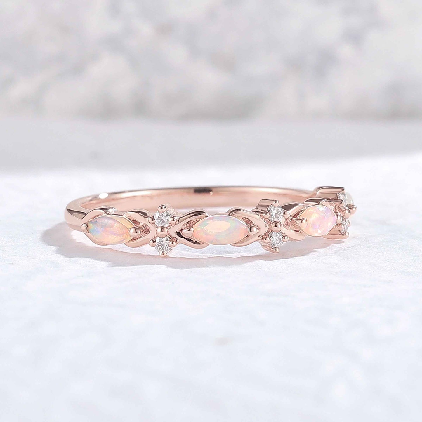 Nature Marquise Shaped Opal Silver Stacking Ring