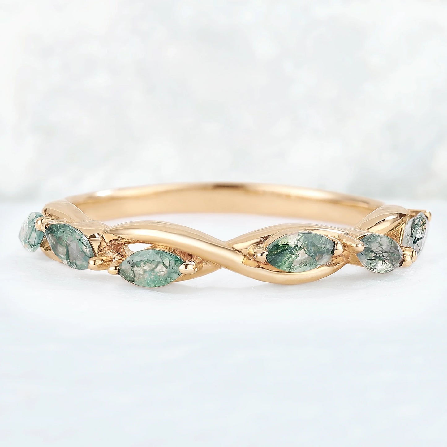 Nature Moss Agate Braidal Stack 14K Rose Gold Stacking Ring