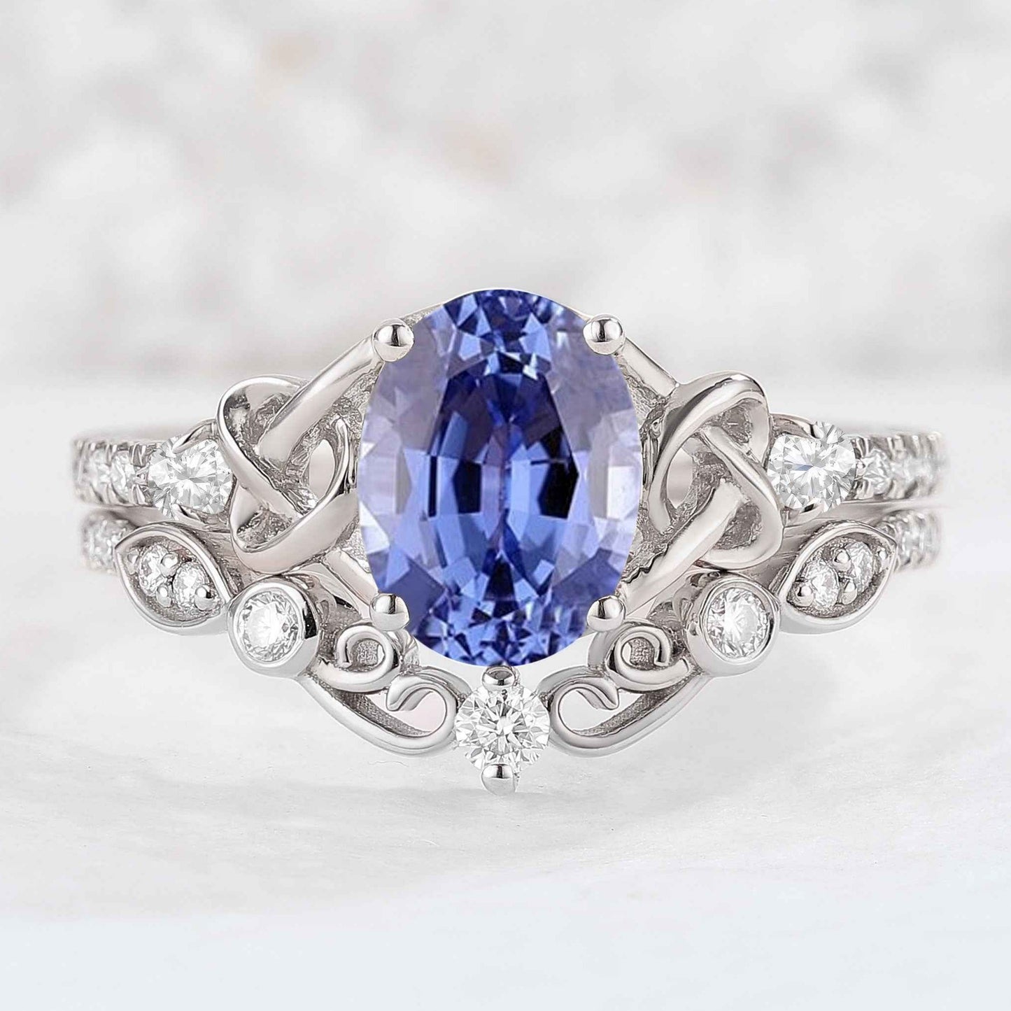 Nature Oval Shaped Cornflower Sapphire Vine Gemstone Ring Set 2pcs