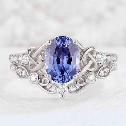Nature Oval Shaped Cornflower Sapphire Vine Gemstone Ring Set 2pcs