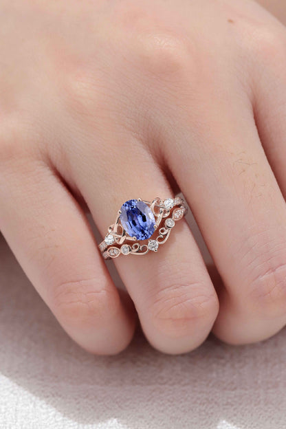 Nature Oval Shaped Cornflower Sapphire Vine Gemstone Ring Set 2pcs