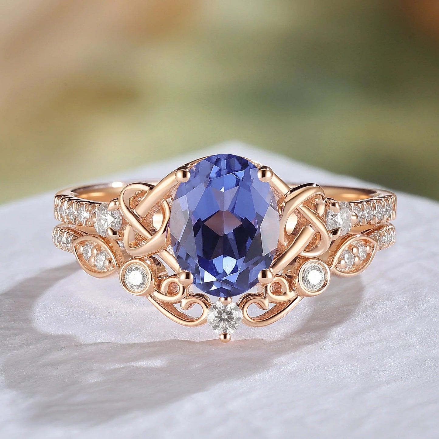 Nature Oval Shaped Cornflower Sapphire Vine Gemstone Ring Set 2pcs