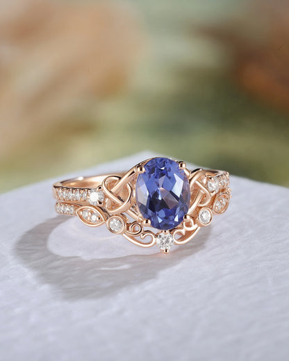 Nature Oval Shaped Cornflower Sapphire Vine Gemstone Ring Set 2pcs