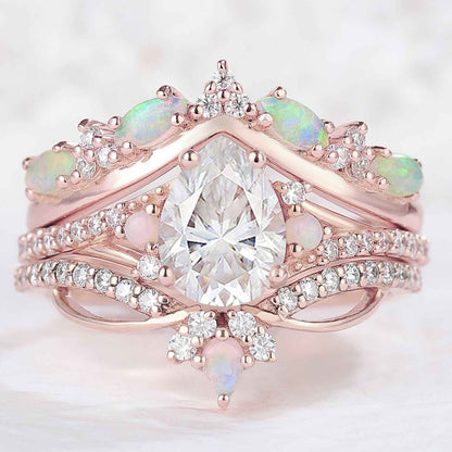 Nature Pear Shaped Moissanite Vine Handmade Ring Set 3pcs