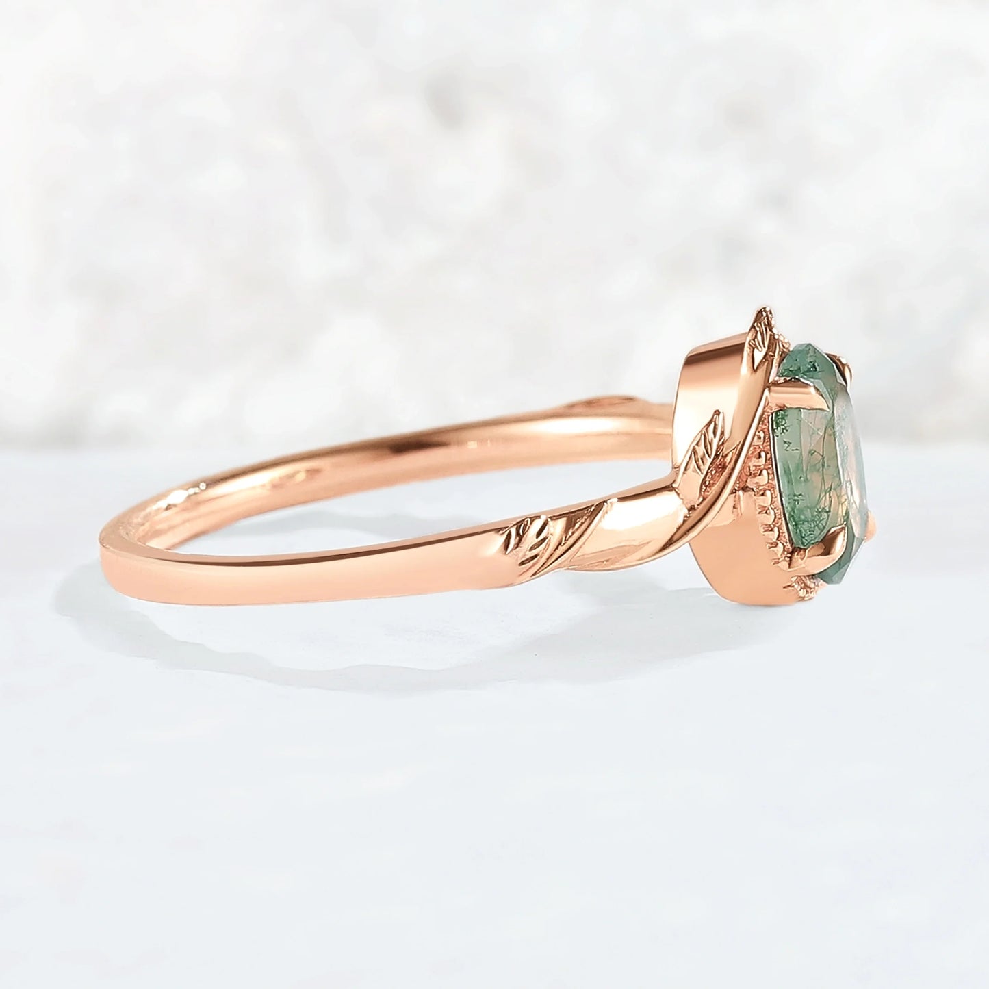 Nature Oval Shaped Moss Agate Leaf Gemstone Ring