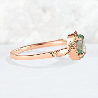 Nature Oval Shaped Moss Agate Leaf Gemstone Ring