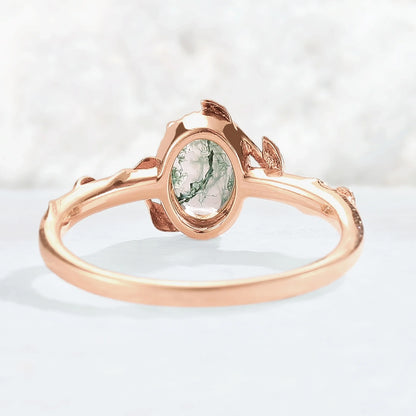 Nature Oval Shaped Moss Agate Leaf Gemstone Ring