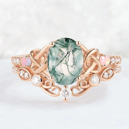 Nature Oval Shaped Moss Agate Vine Gemstone Ring Set 2pcs