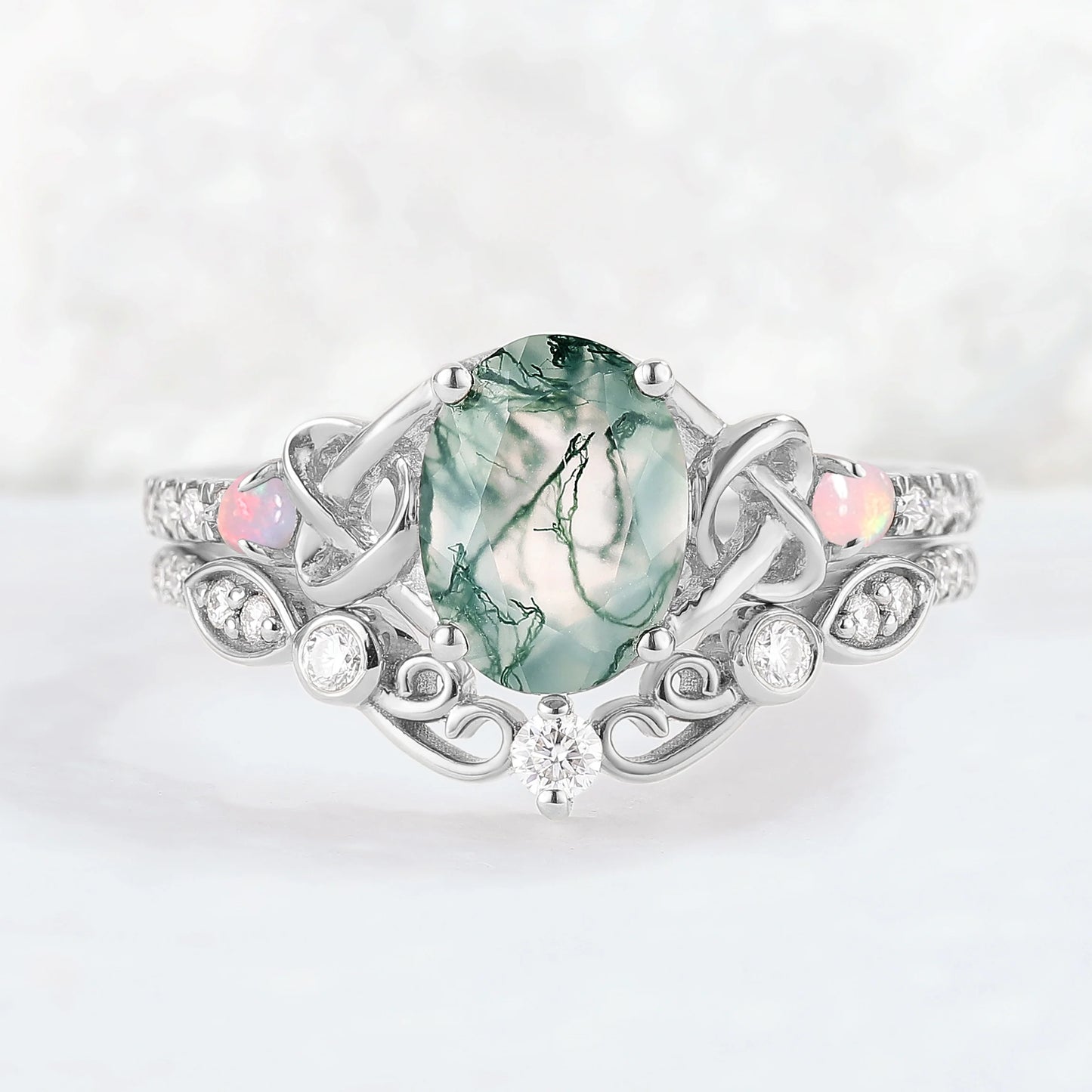Nature Oval Shaped Moss Agate Vine Gemstone Ring Set 2pcs