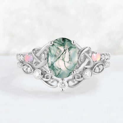 Nature Oval Shaped Moss Agate Vine Gemstone Ring Set 2pcs