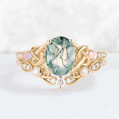 Nature Oval Shaped Moss Agate Vine Gemstone Ring Set 2pcs