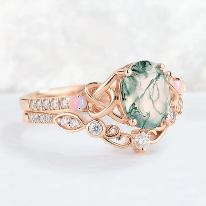 Nature Oval Shaped Moss Agate Vine Gemstone Ring Set 2pcs