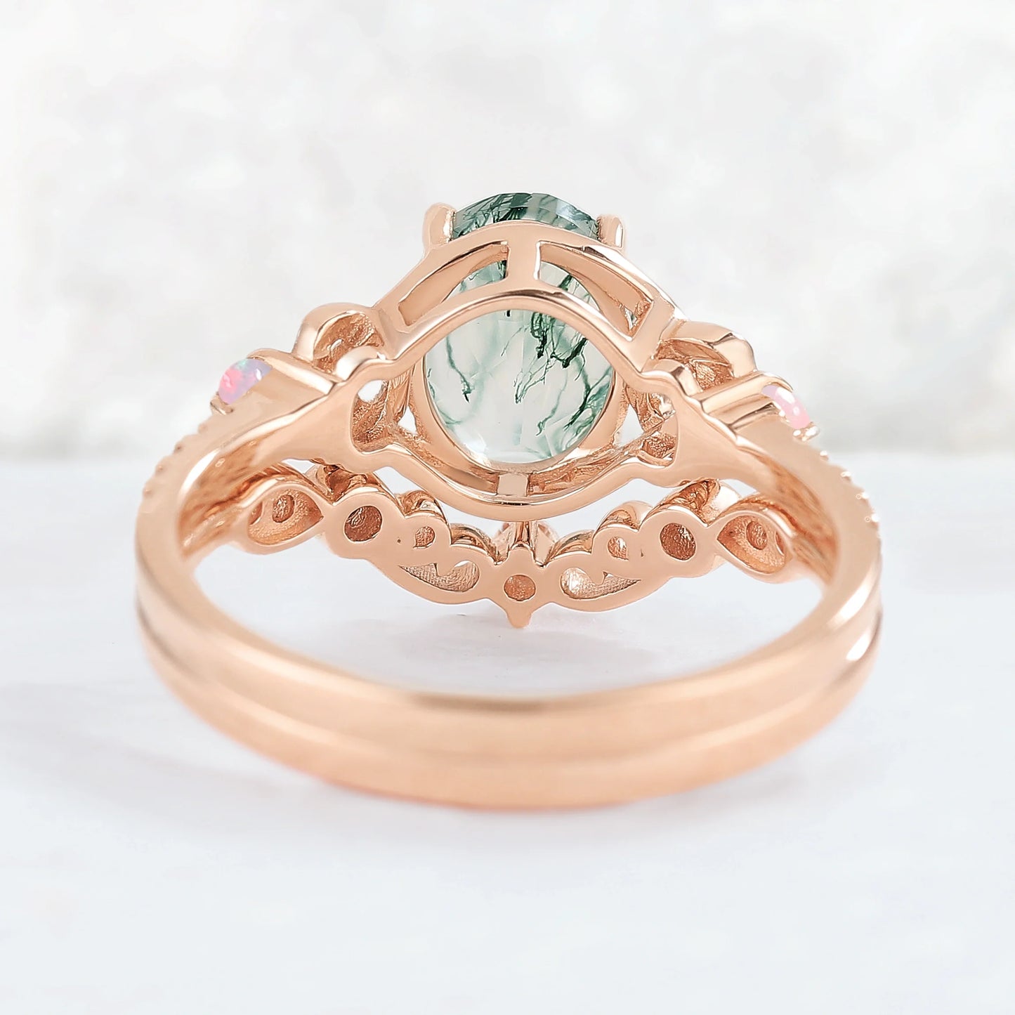 Nature Oval Shaped Moss Agate Vine Gemstone Ring Set 2pcs