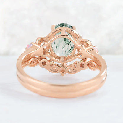 Nature Oval Shaped Moss Agate Vine Gemstone Ring Set 2pcs