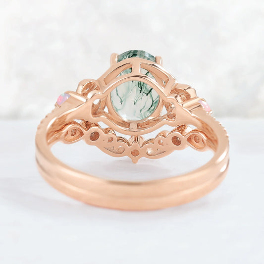 Nature Oval Shaped Moss Agate Vine Gemstone Ring Set 2pcs