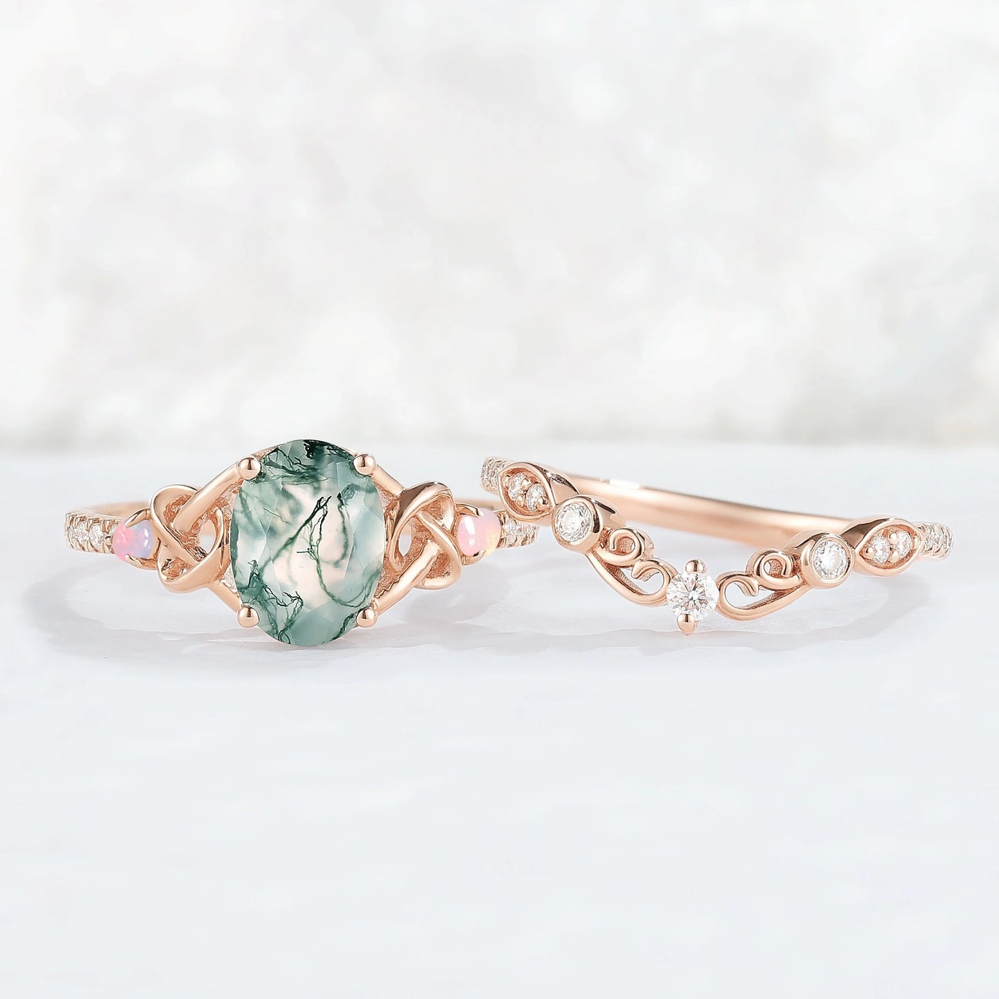 Nature Oval Shaped Moss Agate Vine Gemstone Ring Set 2pcs
