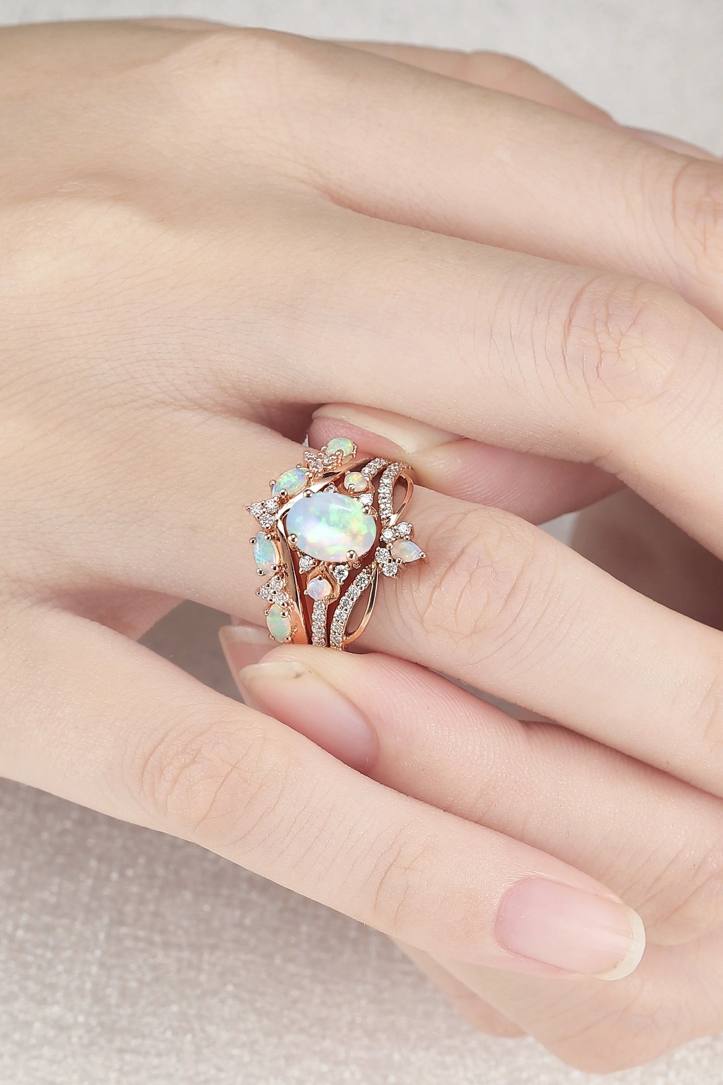 Unique Oval Cut Natural Opal Vine Gemstone Ring Set 3pcs