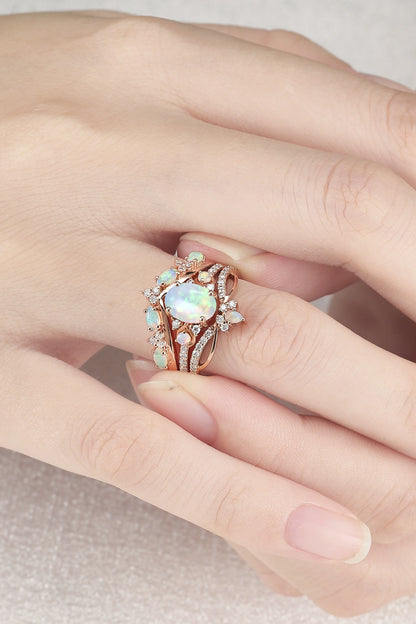 Unique Oval Cut Natural Opal Vine Gemstone Ring Set 3pcs
