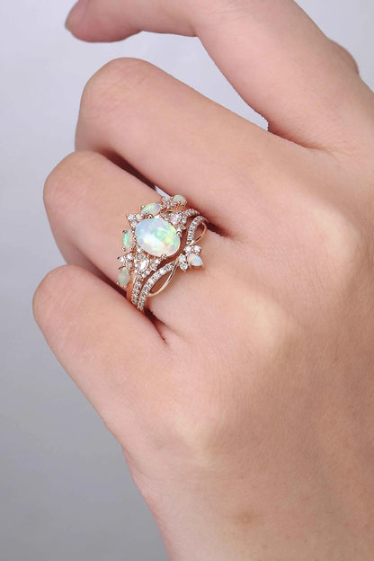 Nature Oval Shaped Natural Opal Vine Gemstone Ring Set 3pcs