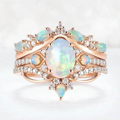 Unique Oval Cut Natural Opal Vine Gemstone Ring Set 3pcs
