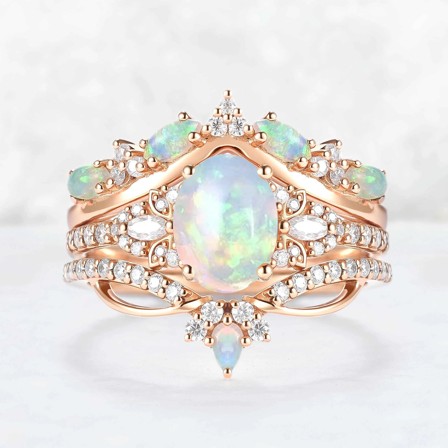 Nature Oval Shaped Natural Opal Vine Gemstone Ring Set 3pcs