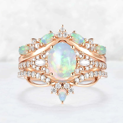Nature Oval Shaped Natural Opal Vine Gemstone Ring Set 3pcs