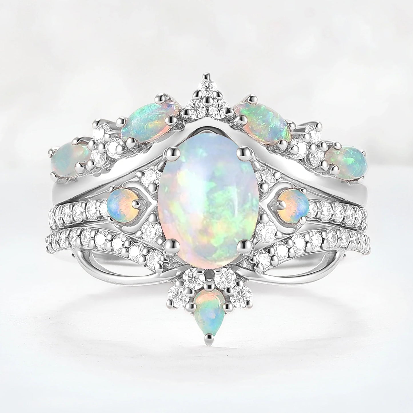 Unique Oval Cut Natural Opal Vine Gemstone Ring Set 3pcs