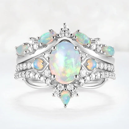 Unique Oval Cut Natural Opal Vine Gemstone Ring Set 3pcs