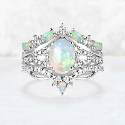 Nature Oval Shaped Natural Opal Vine Gemstone Ring Set 3pcs