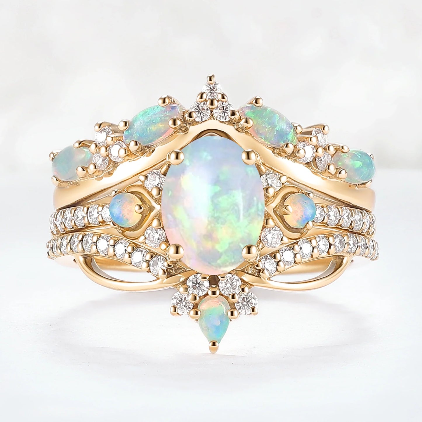 Unique Oval Cut Natural Opal Vine Gemstone Ring Set 3pcs
