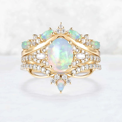 Nature Oval Shaped Natural Opal Vine Gemstone Ring Set 3pcs