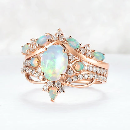 Unique Oval Cut Natural Opal Vine Gemstone Ring Set 3pcs