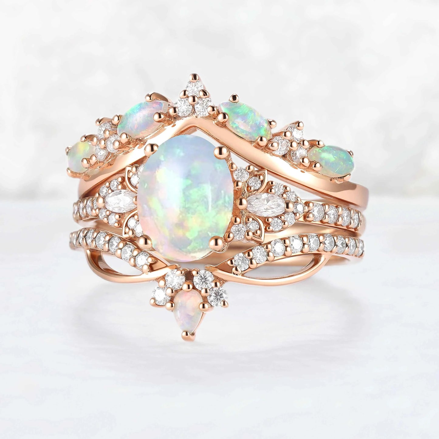 Nature Oval Shaped Natural Opal Vine Gemstone Ring Set 3pcs