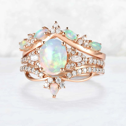 Nature Oval Shaped Natural Opal Vine Gemstone Ring Set 3pcs
